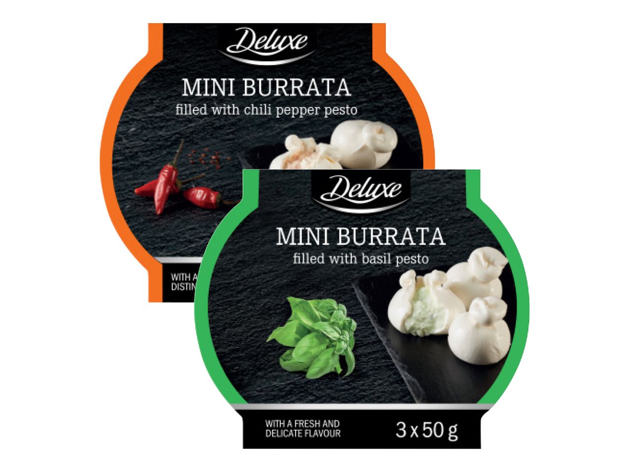 Deluxe Mini Burrata ar čili piparu un bazilika pesto.