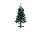 An artificial green Christmas tree with a dark stand on a white background.