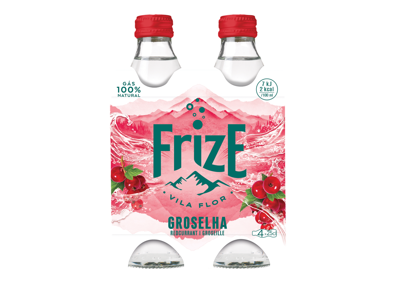 Pack de 4x25cl de Água com Gás Frize Groselha, com gás 100% natural e 2 kcal/100ml.