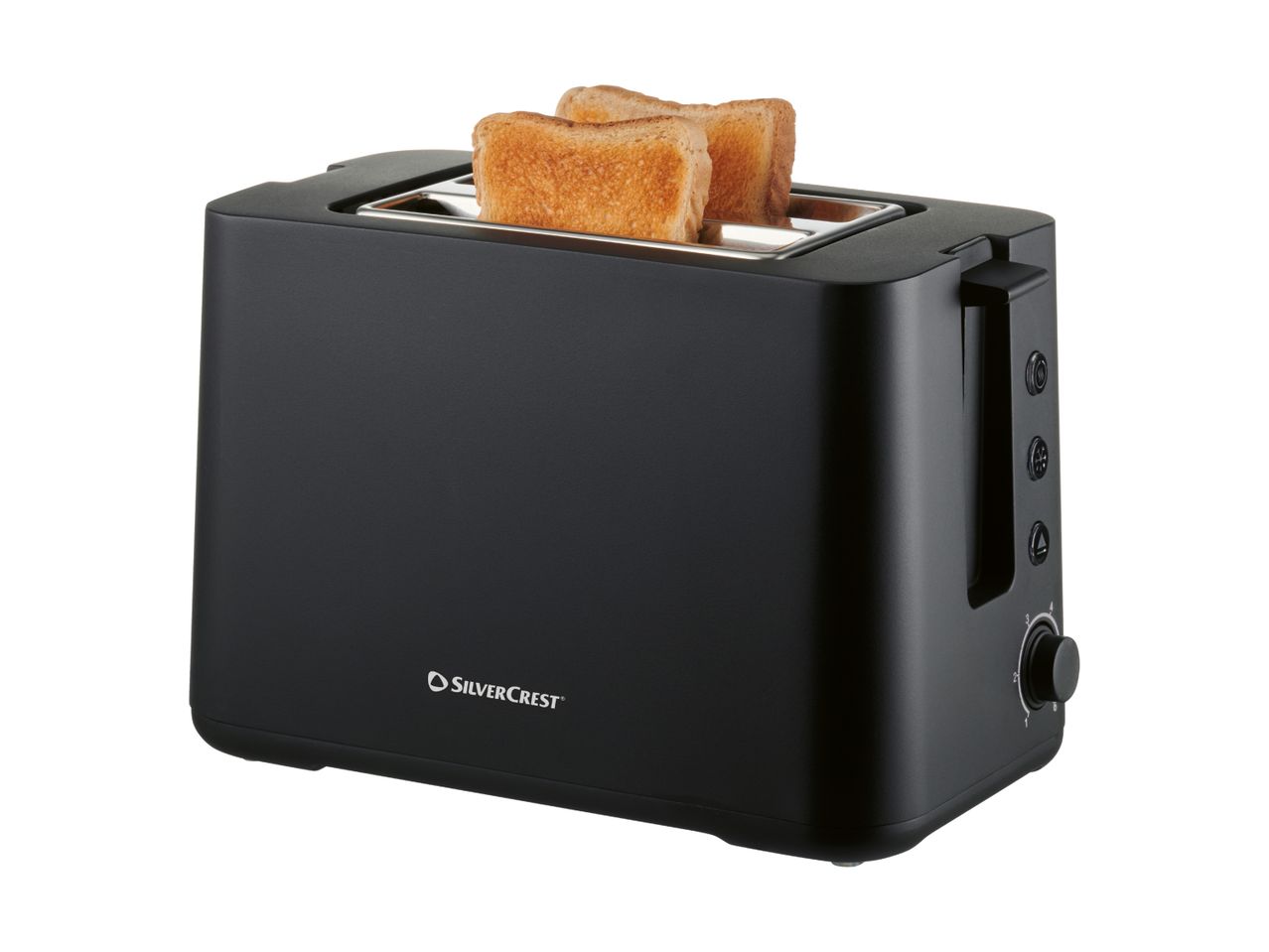En sort brødrister fra Breville med to skiver ristet brød.
