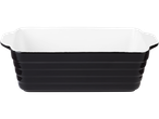Recipiente retangular de cerâmica preto e branco.
