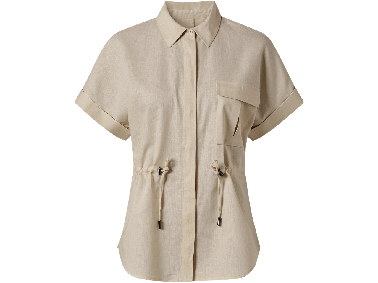 Camisa bege de linho com botões e cordão.