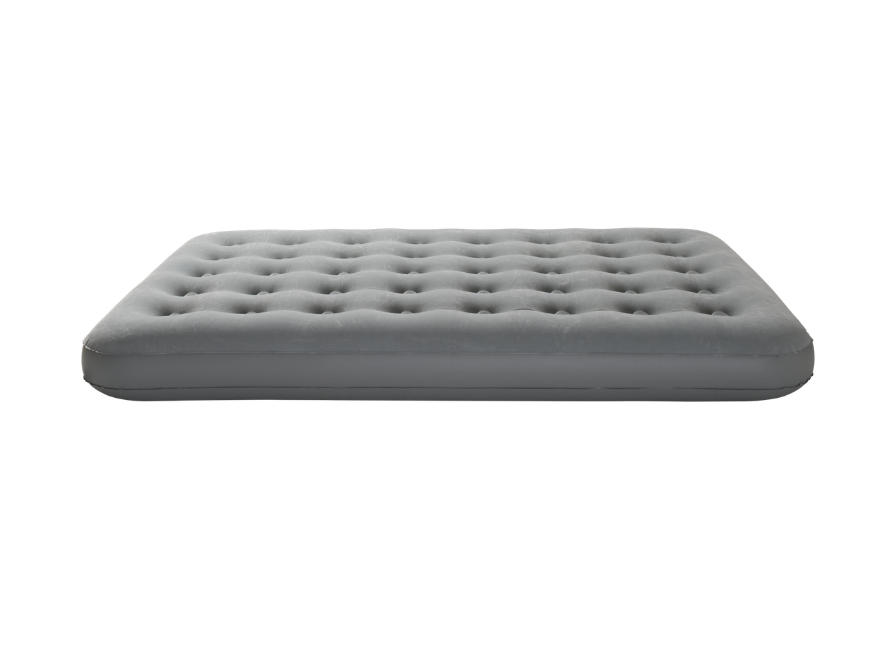 Grey inflatable air mattress with a tufted surface, isolated on a black background.