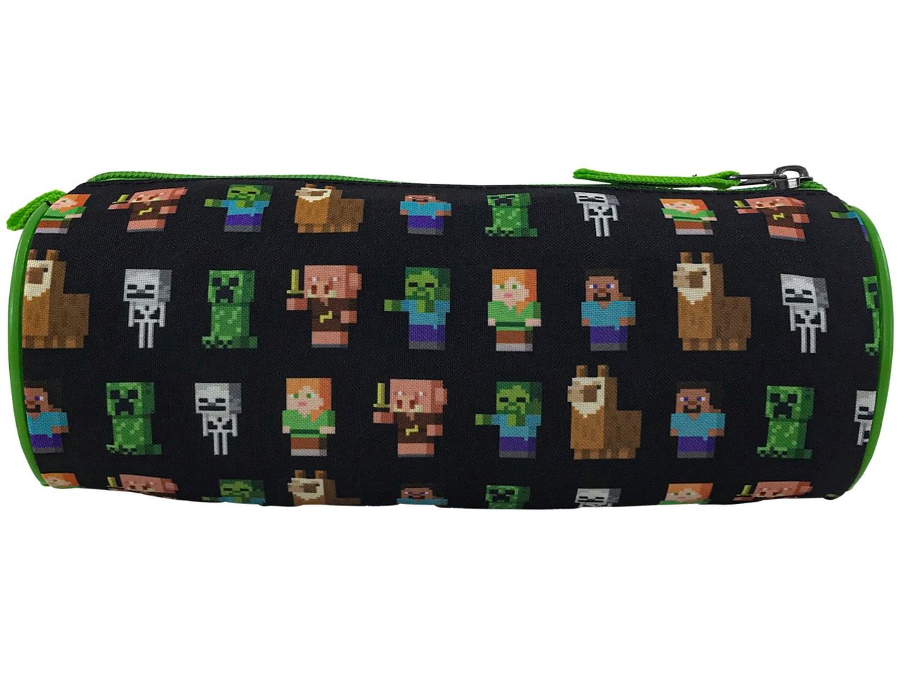 Black Minecraft pencil case with pixelated characters like Creeper, Steve, and Alex.