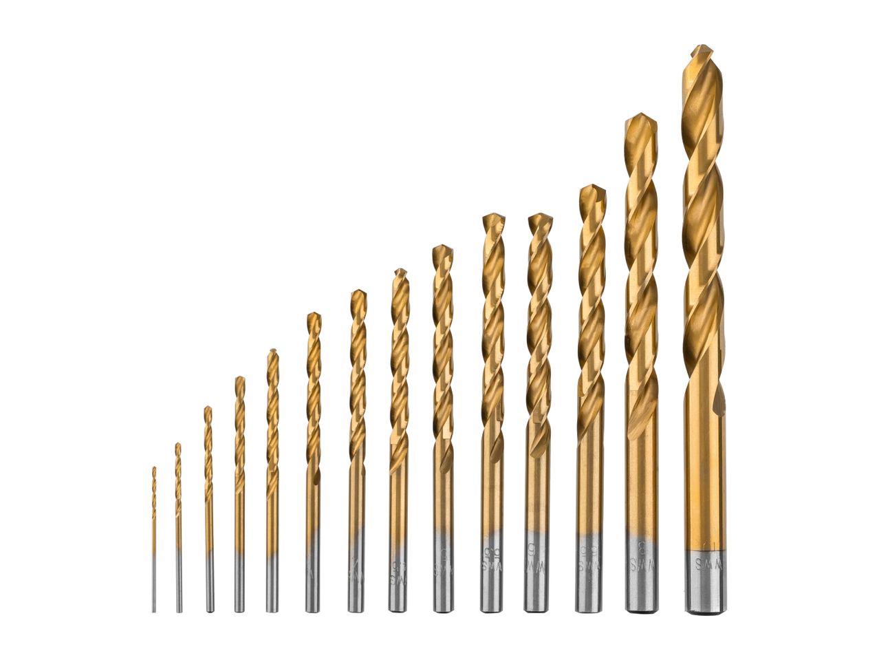A set of golden drill bits of various sizes, arranged from smallest to largest.