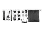 A grooming kit with a hair clipper, scissors, combs, and other accessories.
