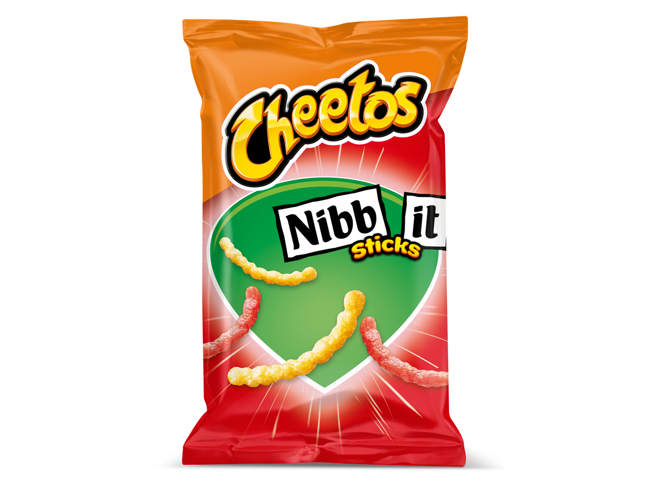 Zak met Cheetos Nibbl-it Sticks in oranje en rood met groene cirkel en snacks.