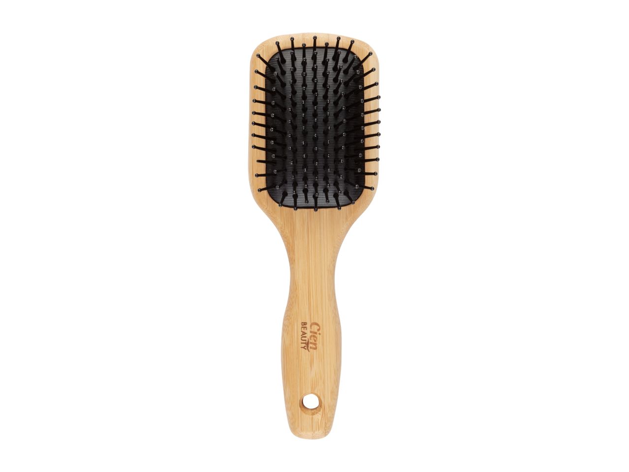 A wooden paddle hairbrush with black bristles and a Cien Beauty logo on the handle.