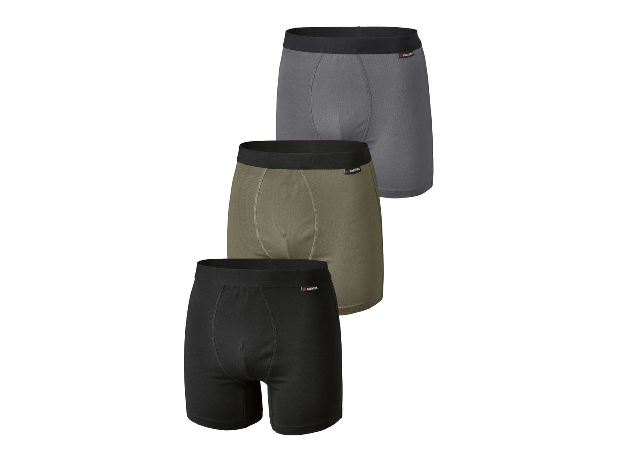 Three Parkside men's boxer shorts in grey, olive, and black.