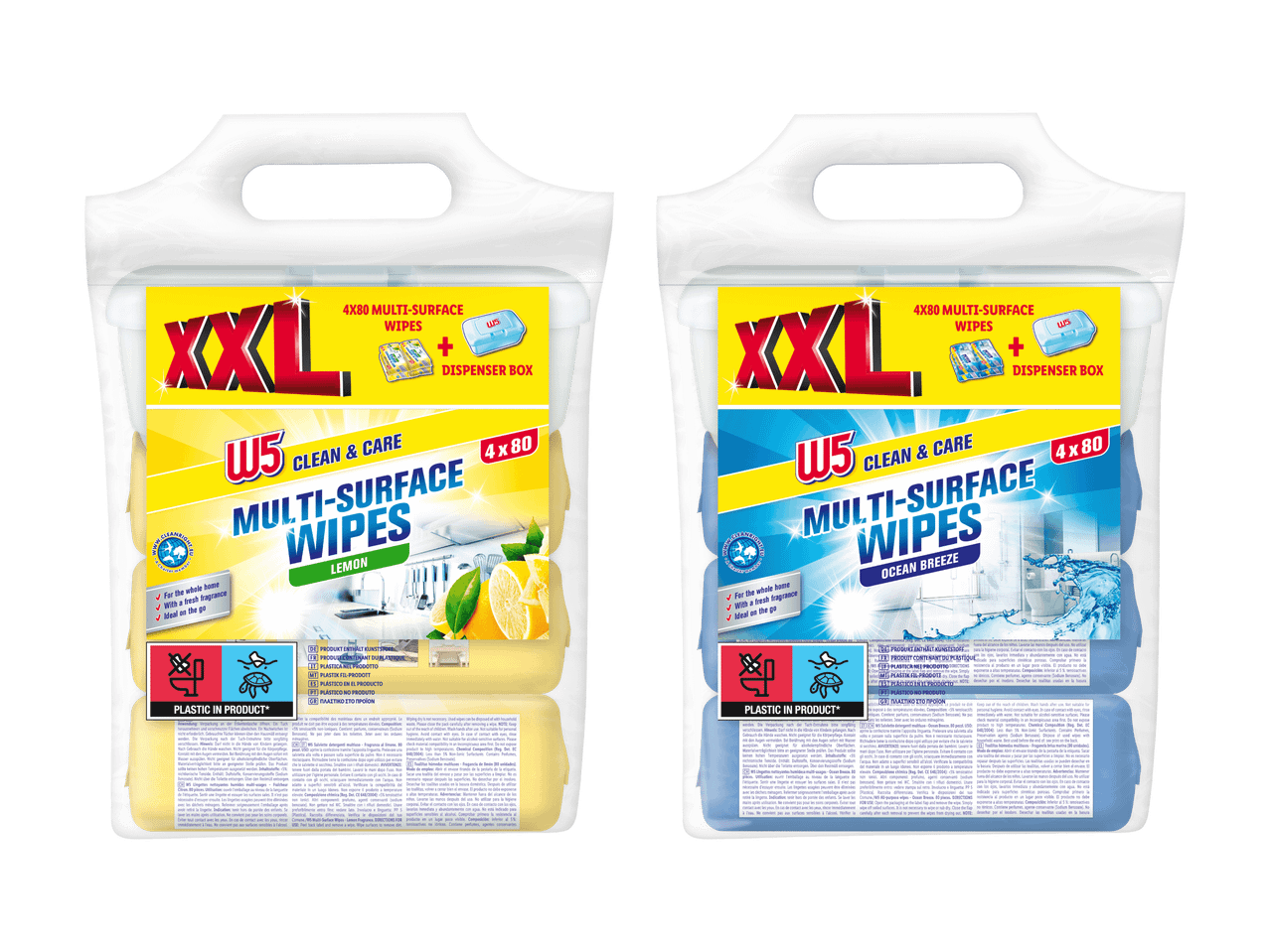XXL-Mehrzwecktücher-Multipacks, Zitrone und Ocean Breeze, mit Spenderbox.