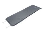 Grey self-inflating camping mat with a textured surface and white straps.