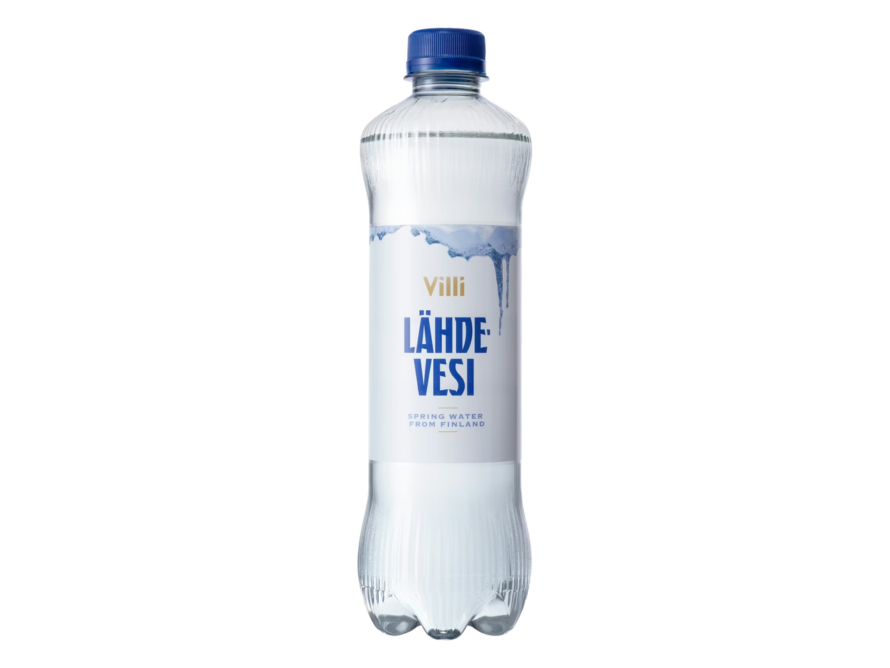 Vesipullo, jossa on sininen korkki ja etiketti, jossa lukee 'VILLI LÄHDE VESI SPRING WATER FROM FINLAND'.