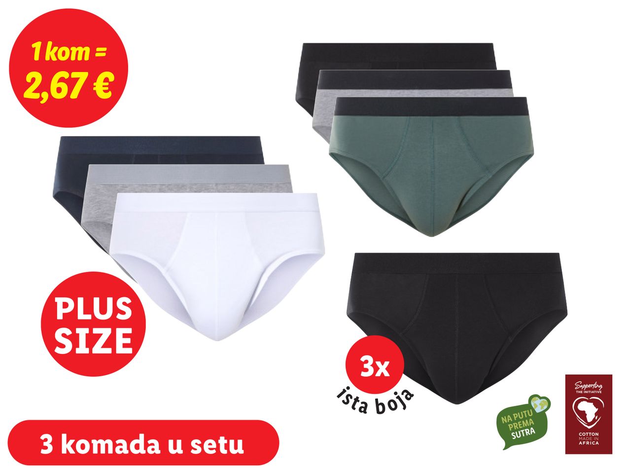 Pakiranje od 6 muških gaćica plus size, različitih boja.