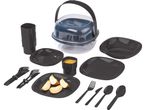 Black Camping Tableware Set with plates, cups, and cutlery.