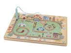 Wooden magnetic maze board with a city road theme, featuring vehicles and buildings.