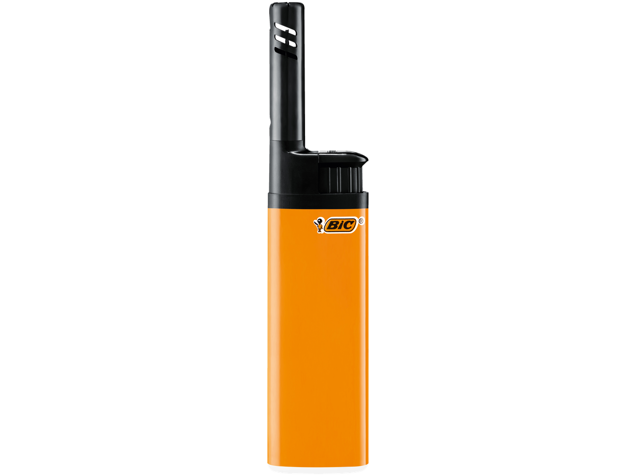Briquet torche orange avec tête noire et fentes d'aération.