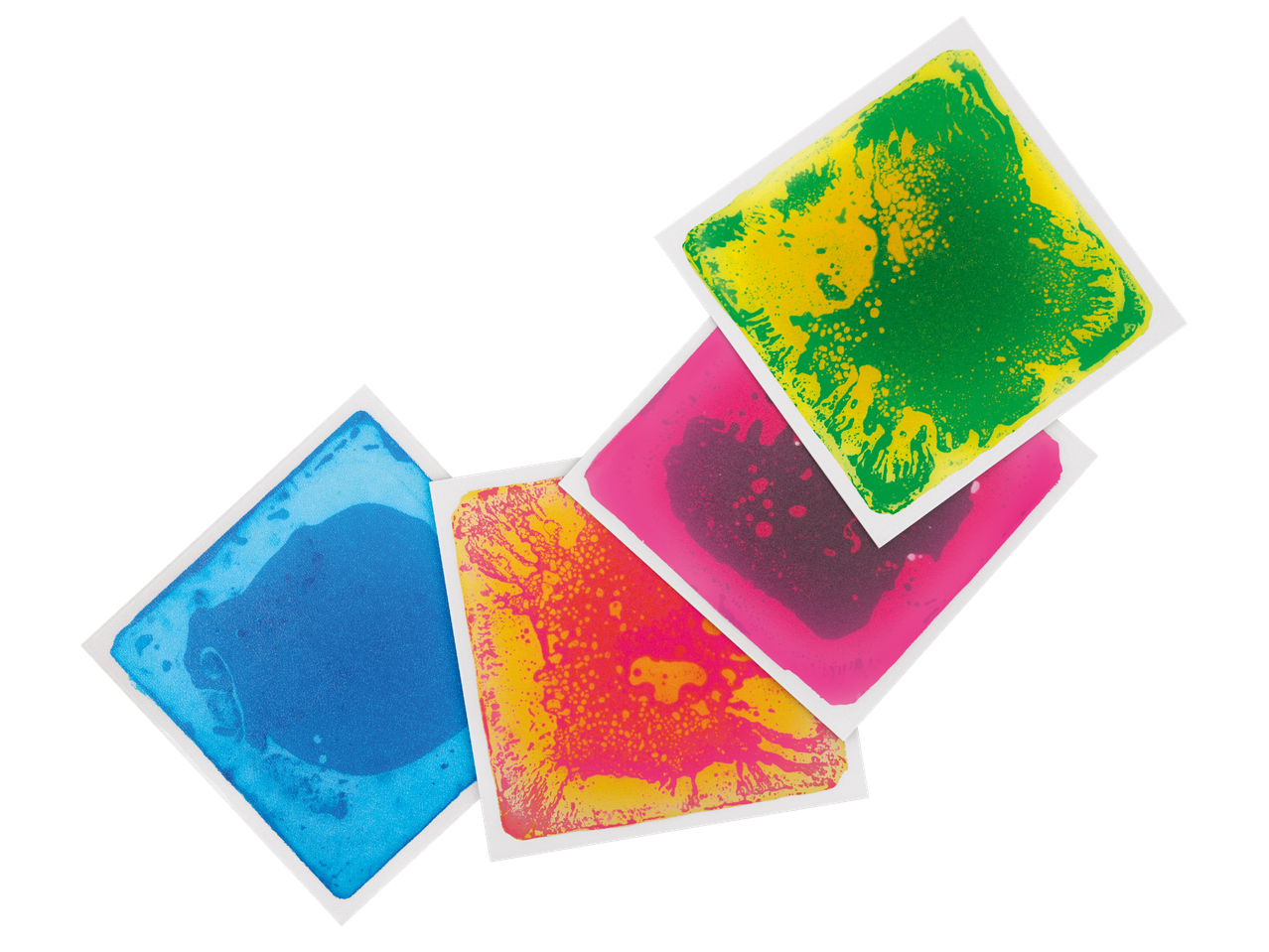 Четири цветни сензорни гел плочи за под в синьо, червено, розово и зелено.