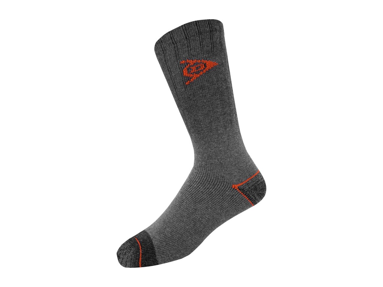 A single grey sock with an orange logo and orange accents on the heel and toe.