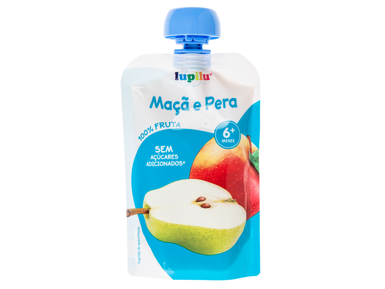 Saqueta de fruta Lupilu de maçã e pera, 100% fruta, sem açúcares adicionados, para 6+ meses.