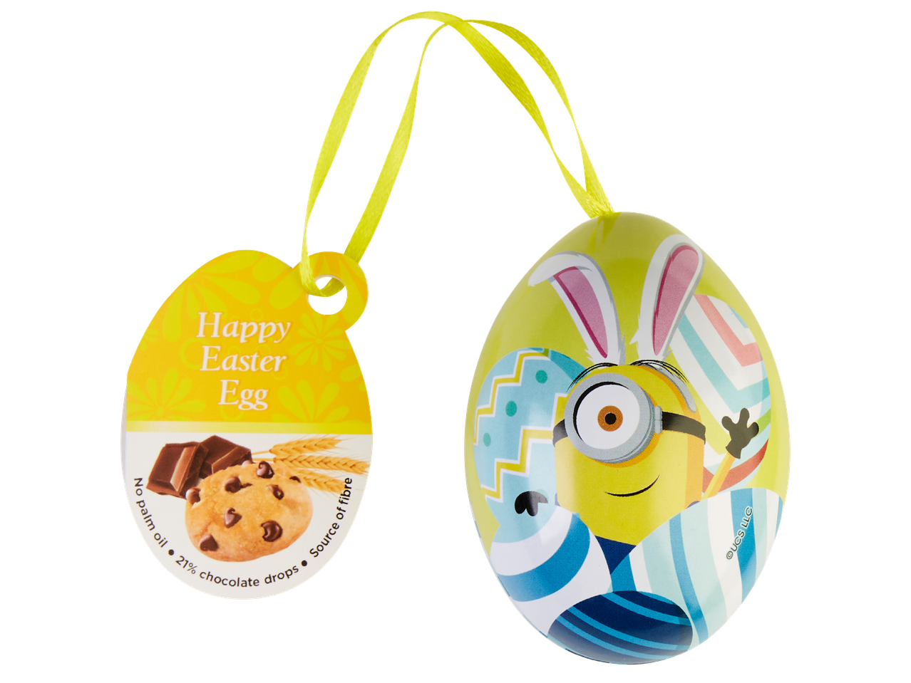 Великденско яйце с Миньон, с етикет „Честито великденско яйце“, без палмово масло, 21% шоколадови парченца, източник на фибри.