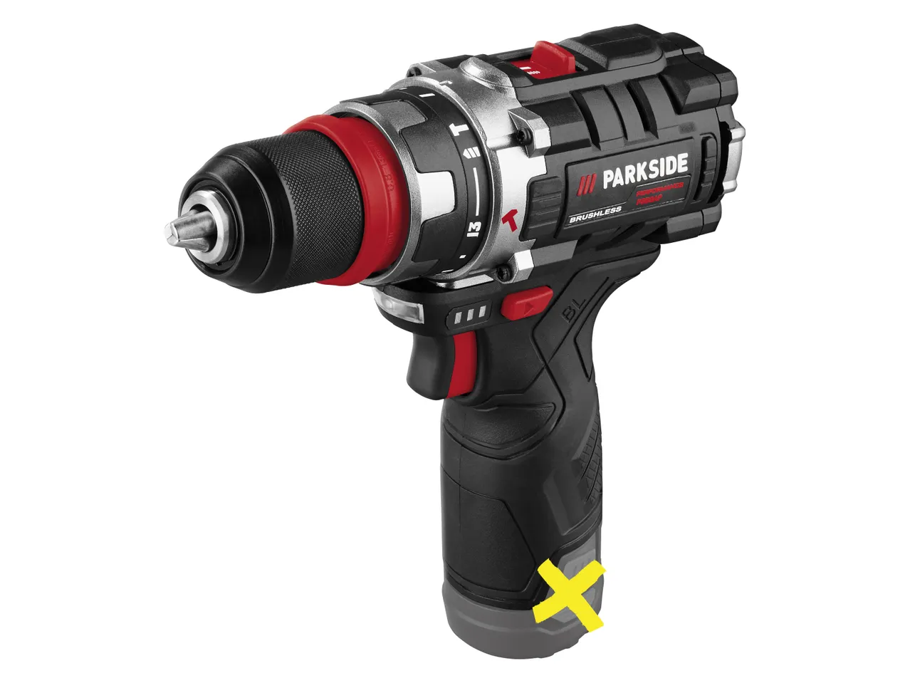A black and red cordless drill with a silver chuck and a yellow 'X' on the handle.