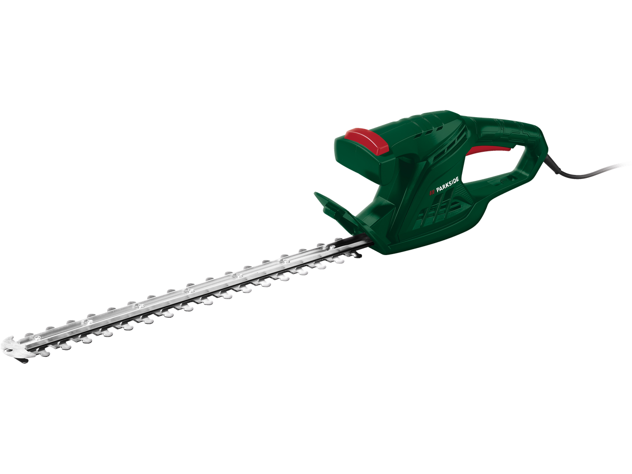 Tagliasiepi elettrico Parkside verde e rosso con lama lunga.