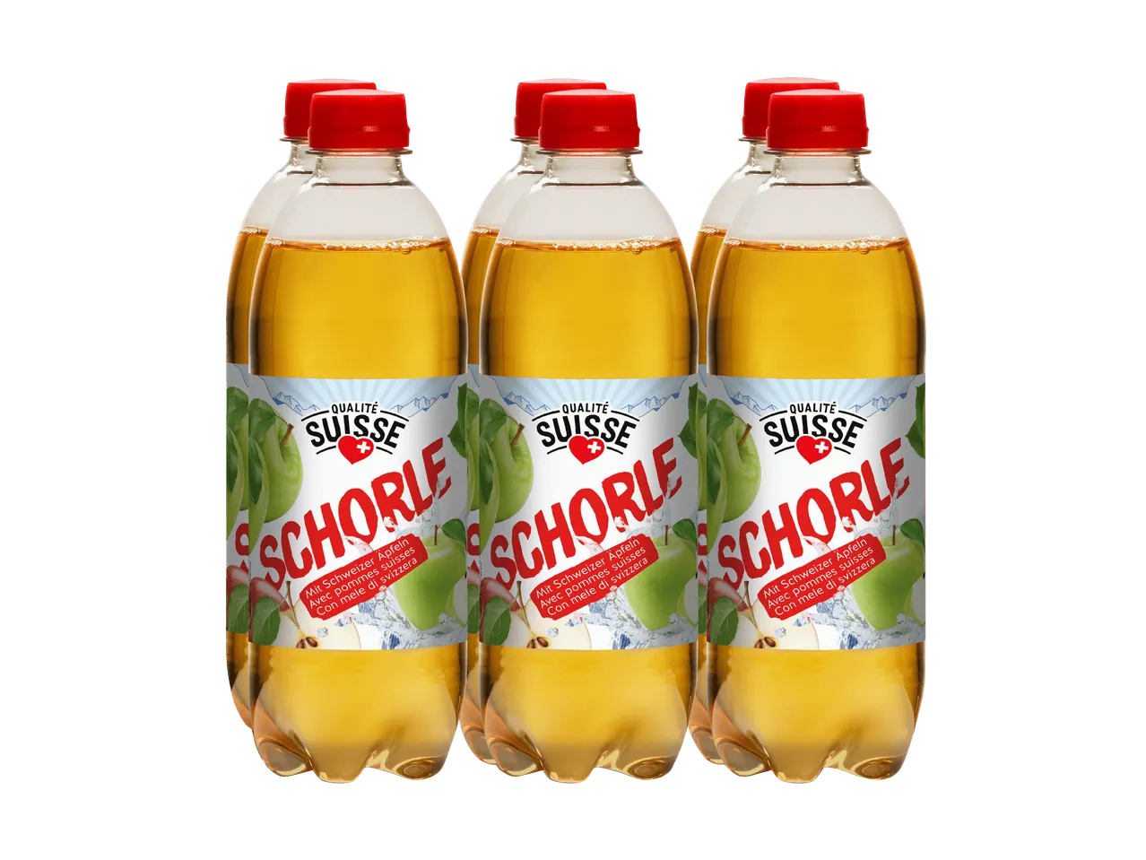 Sechs Flaschen Apfelschorle mit dem Etikett 'Qualität Suisse'.