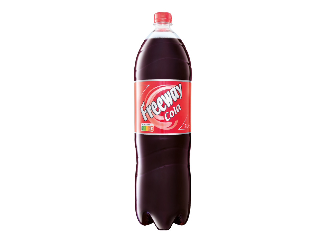 Бутилка кола с червен етикет, изобразяващ надпис „Cola“ и Nutri-score.