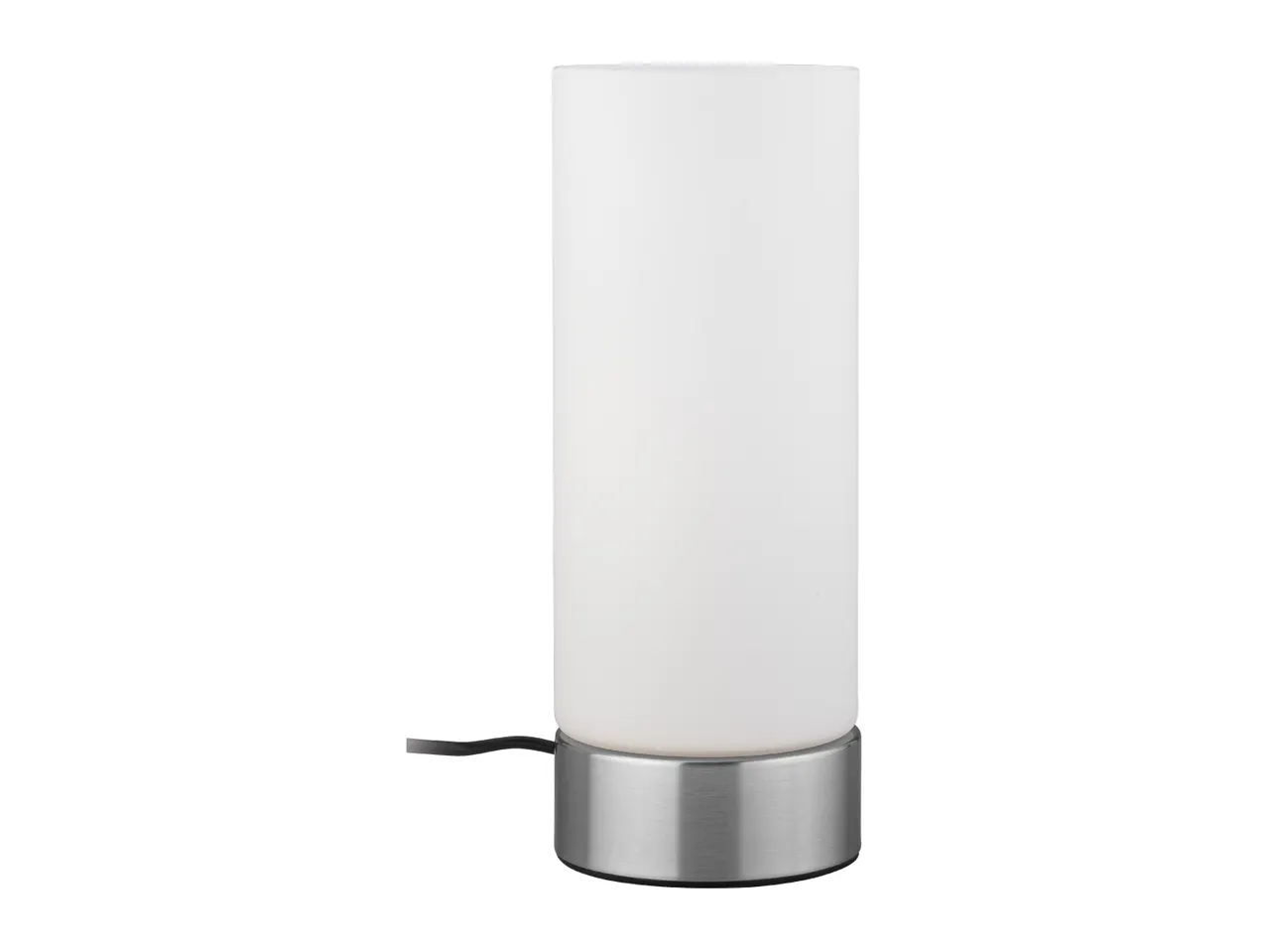 Cylindrical table lamp with a white frosted glass shade and a brushed metal base.