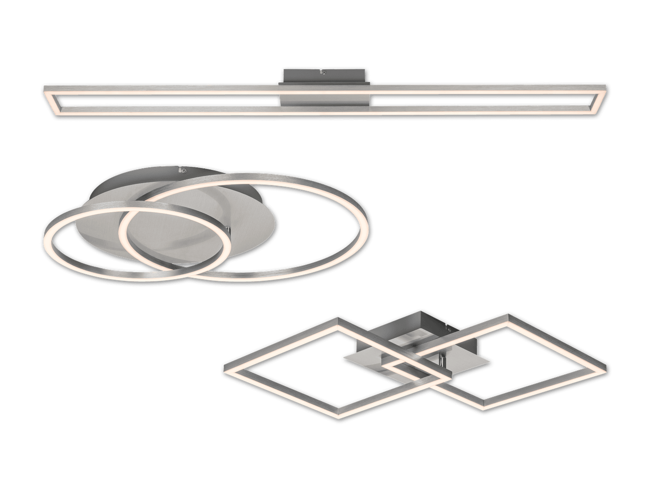Drei moderne LED-Deckenleuchten in verschiedenen Formen: rechteckig, rund und quadratisch.
