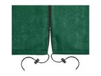 Close-up of a green plant protection cover with a zipper and drawstrings.