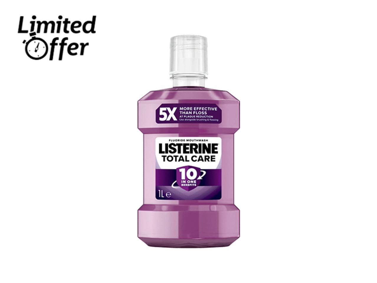 A bottle of Listerine Total Care mouthwash with a 'Limited Offer' label.