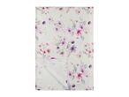 Floral patterned tablecloth with purple and pink watercolor flowers on a light background.