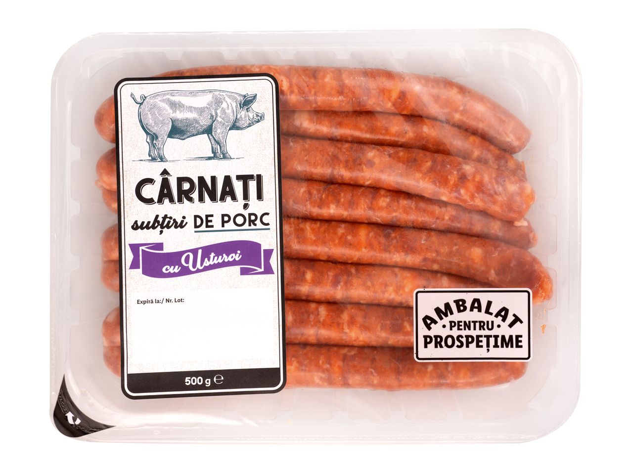 Cârnați subțiri de porc cu usturoi, ambalați pentru prospețime, 500g.