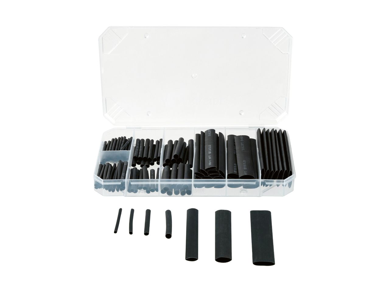A clear plastic organizer box filled with various sizes of black heat shrink tubing, with some pieces laid out below.