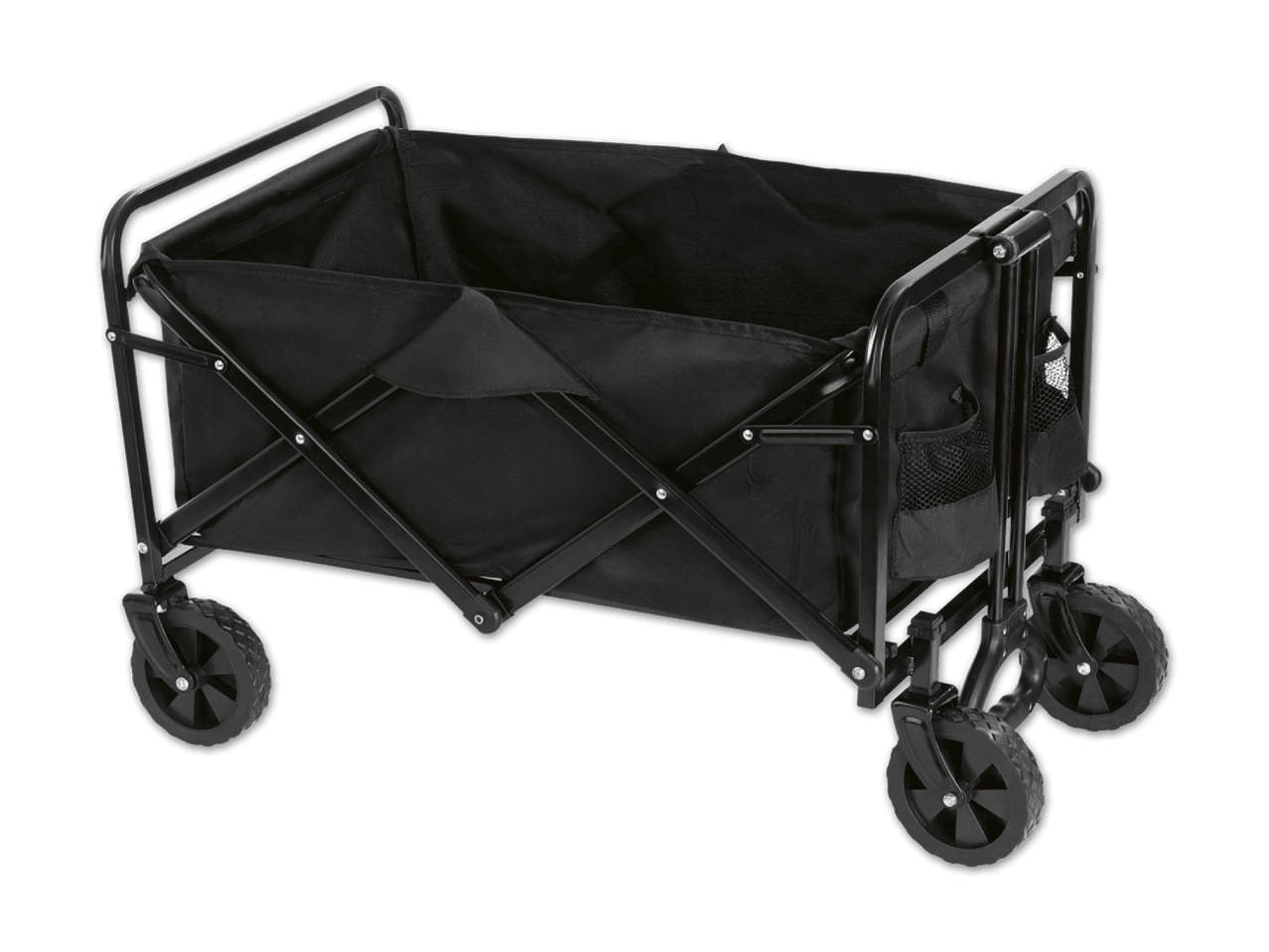 Schwarzer faltbarer Bollerwagen mit Rädern und Netztaschen