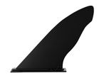Black surfboard fin with a pointed tip and a flat base, isolated on a white background.