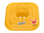 Yellow inflatable baby swim seat with a cute red crab and 'Swim Safe ABC' text.