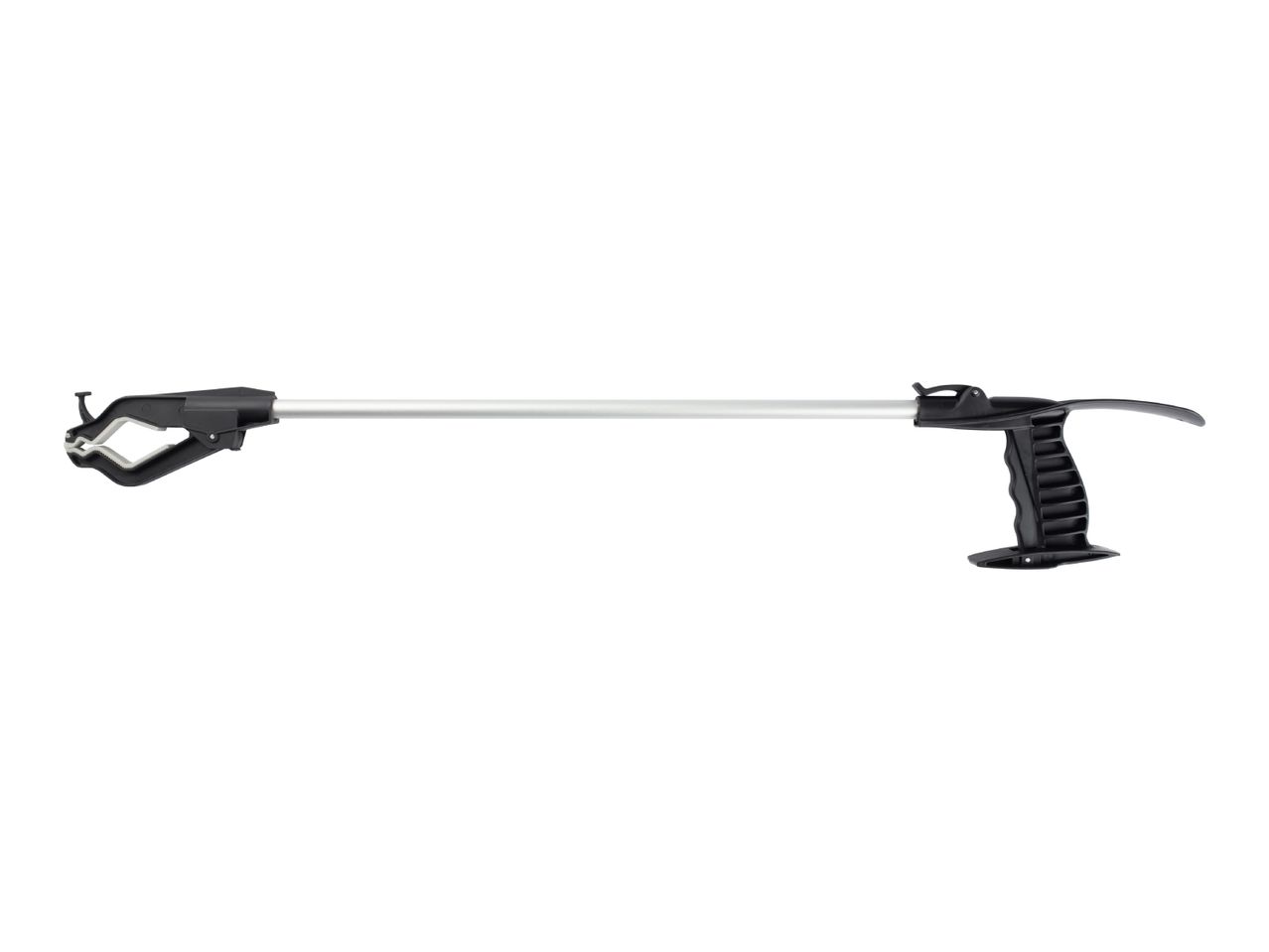 A black and silver grabber tool with a handle and claw on a white background.
