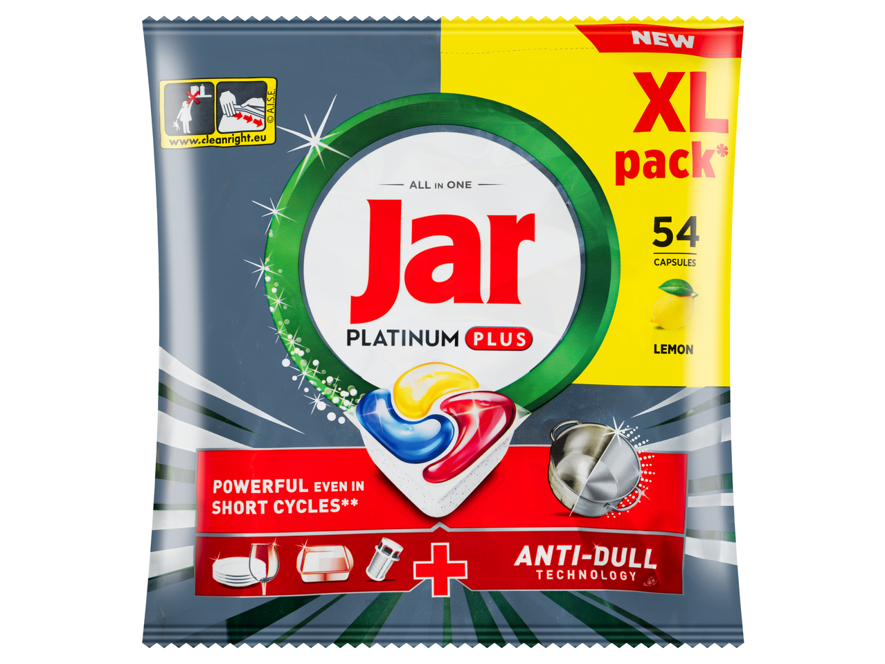 Jar Platinum Plus All in One mosogatógépkapszula, 54 darabos XL kiszerelés, citrom illattal.