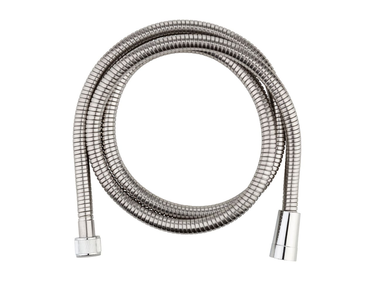 A coiled metal shower hose with chrome fittings is isolated on a white background.