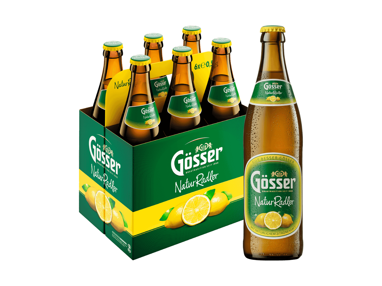 Eine 6er-Packung Gösser Natur Radler mit einer einzelnen Flasche im Vordergrund.
