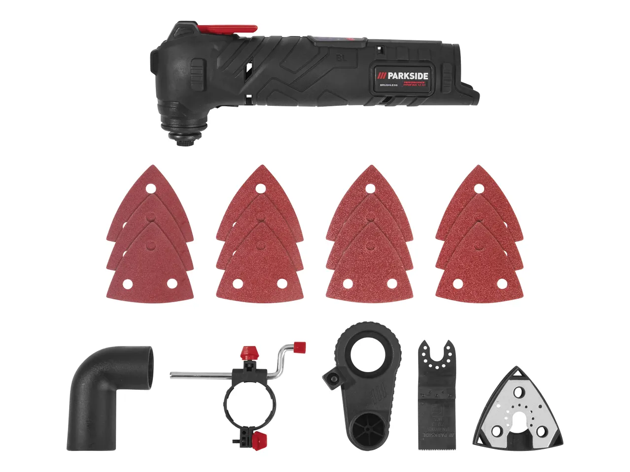 Un utensile multifunzione Parkside Performance brushless con accessori per levigatura e taglio.