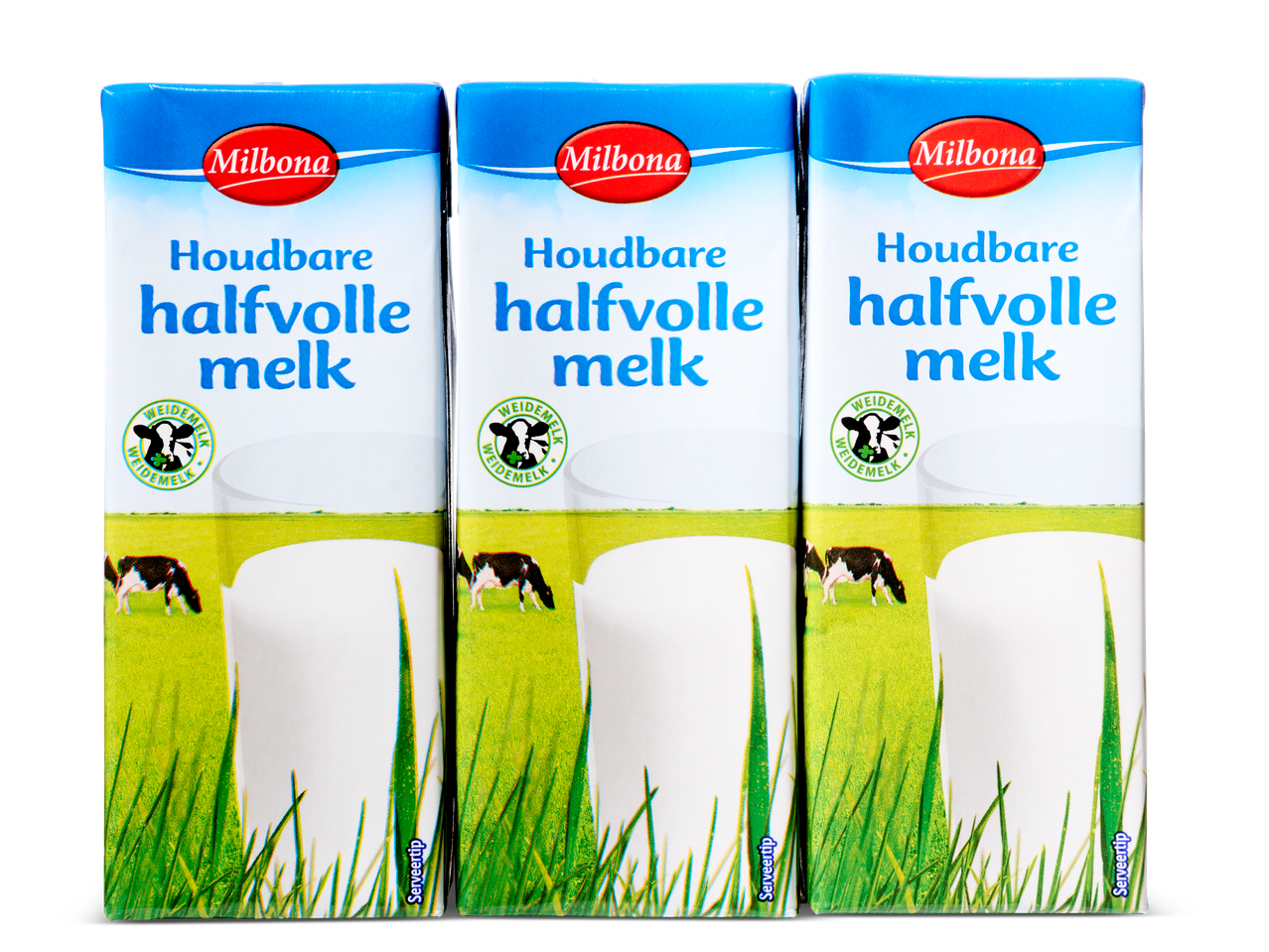 Drie pakken Milbona halfvolle melk.