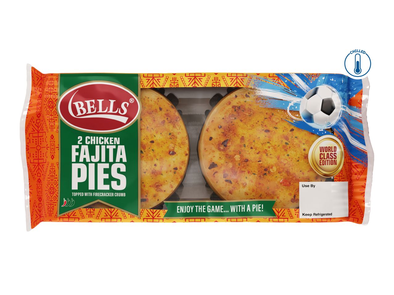 Two chilled chicken fajita pies with firecracker crumb, World Class Edition, for enjoying the game.