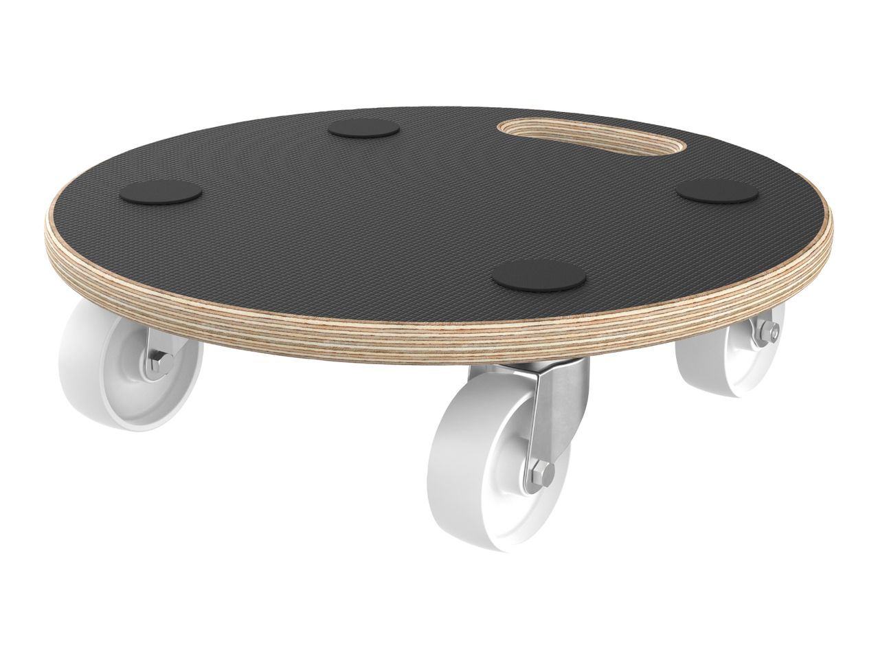 Round wooden plant caddy with black anti-slip surface, four wheels, and a handle cutout.