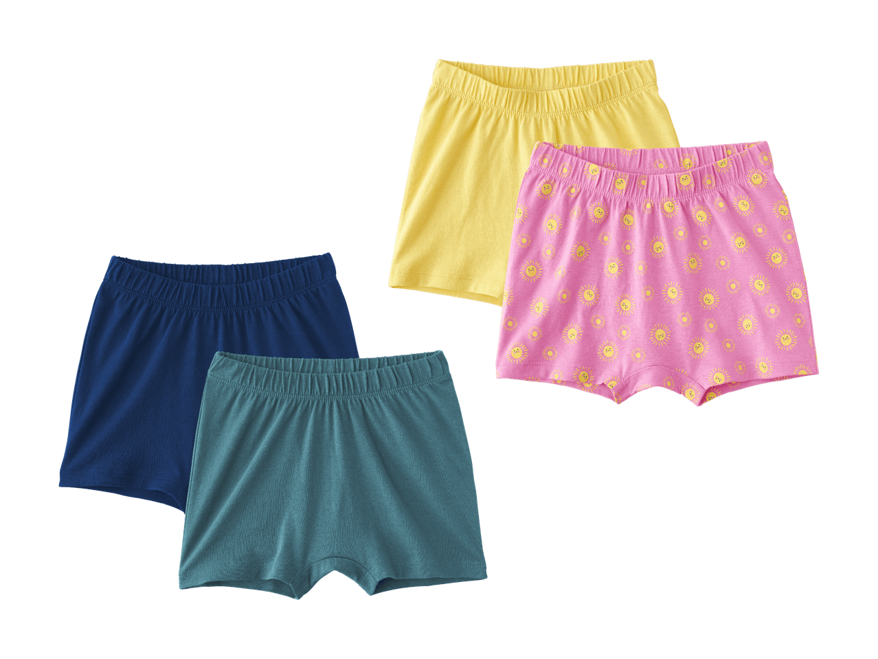 Lot de cinq culottes pour enfants : deux bleues, une jaune et deux roses à motifs de soleils.