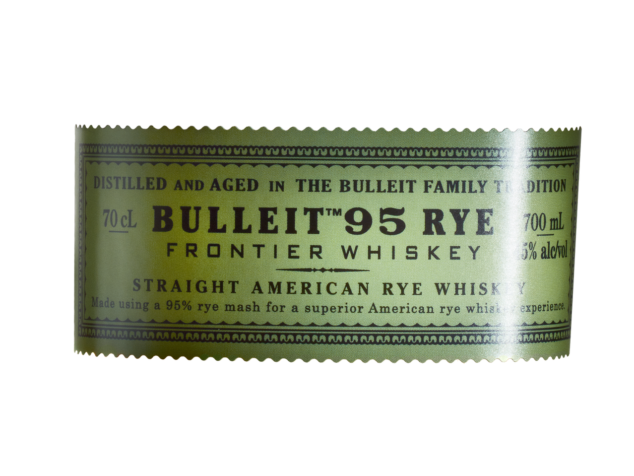 Етикет за ръжено уиски с надпис „BULLEIT 95 RYE FRONTIER WHISKEY“, 700 ml, 5% алкохол.
