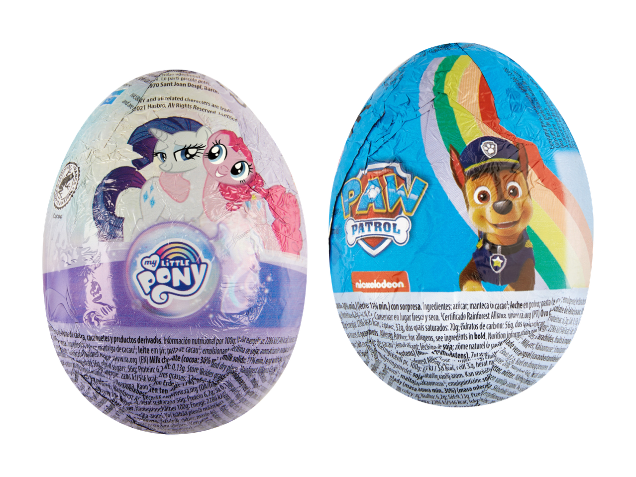 Zwei Schokoladeneier, eines mit Ponys und eines mit einem Polizeihund.