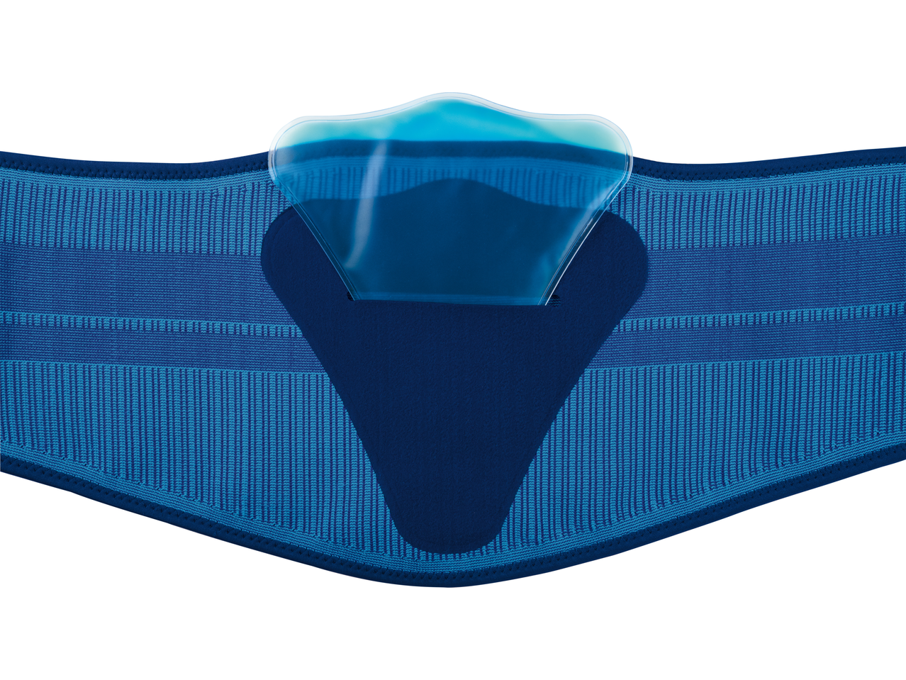 Blue back support belt with a removable gel pad for hot and cold therapy.